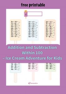Ice cream-themed worksheet for kids practicing addition and subtraction within 100