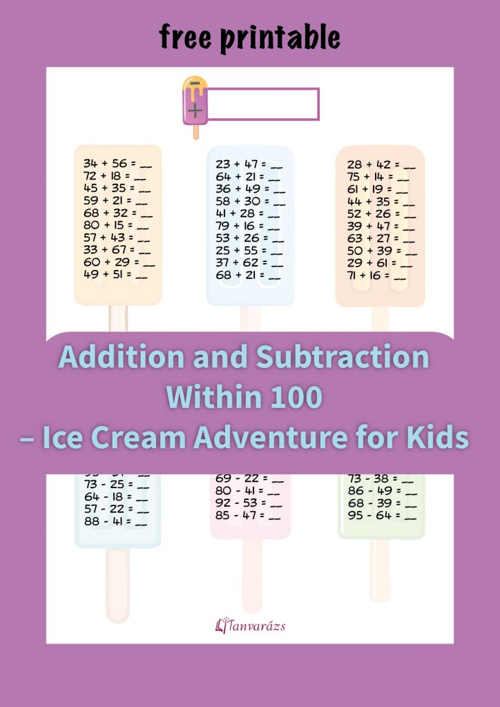 Ice cream-themed worksheet for kids practicing addition and subtraction within 100