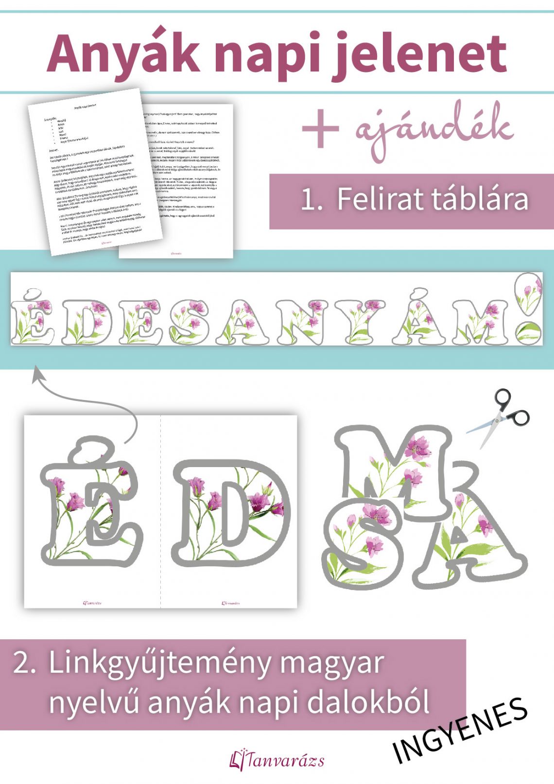 Anyák napi jelenetletölthető ÉDESANYÁM felirattal és linkgyűjteménnyel