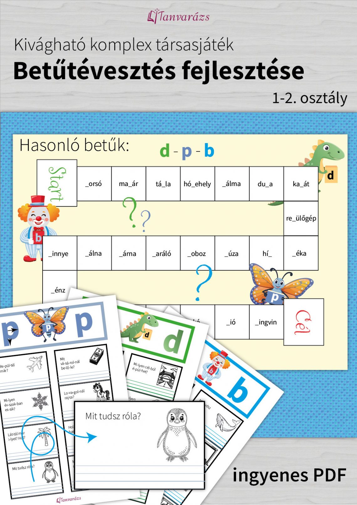 Papírból kivágható társasjáték, amely segít a gyerekeknek gyakorolni a d, p, b betűk helyes használatát, szórakoztató módon fejlesztve a betűtévesztés kezelését.