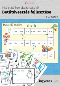 Papírból kivágható társasjáték, amely segít a gyerekeknek gyakorolni a d, p, b betűk helyes használatát, szórakoztató módon fejlesztve a betűtévesztés kezelését.