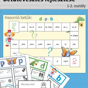 Papírból kivágható társasjáték, amely segít a gyerekeknek gyakorolni a d, p, b betűk helyes használatát, szórakoztató módon fejlesztve a betűtévesztés kezelését.