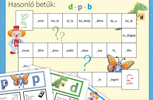 Papírból kivágható társasjáték, amely segít a gyerekeknek gyakorolni a d, p, b betűk helyes használatát, szórakoztató módon fejlesztve a betűtévesztés kezelését.