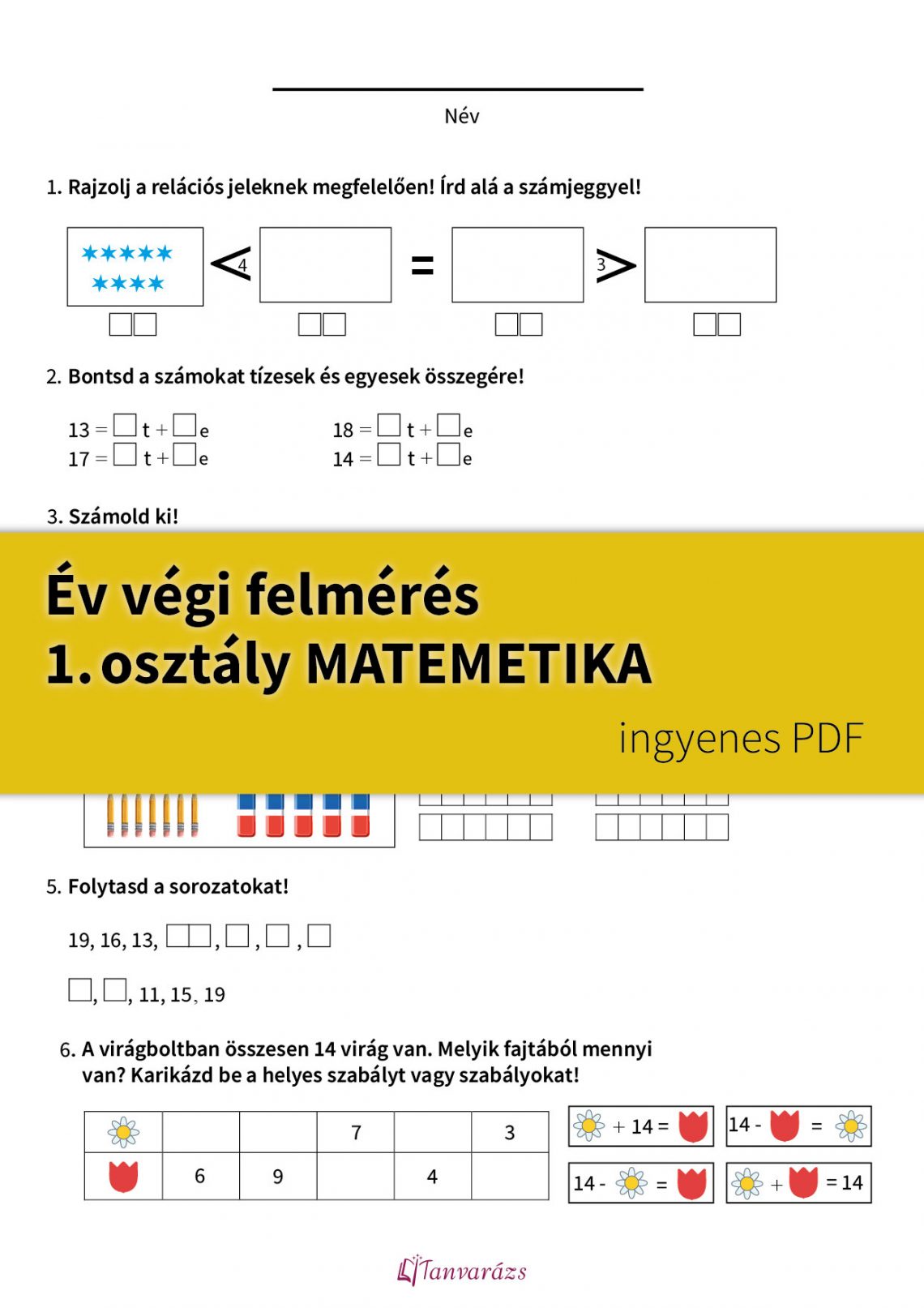 Ingyenes év végi felmérés első osztály matematika feladatlap, amely segíti a pedagógusokat és szülőket a gyerekek tudásának felmérésében és gyakorlásában. 20-as számkörben készült feladatok, szabad pontozási lehetőséggel.