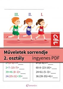 Illusztrált feladatlap a műveletek sorrendje 2. osztály témában: egy futóversenyt ábrázoló képpel, ahol három gyerek ér célba, mezükön különböző műveletekkel, jelezve a sorrendiséget.