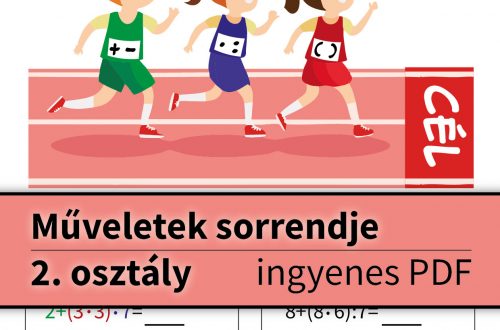 Illusztrált feladatlap a műveletek sorrendje 2. osztály témában: egy futóversenyt ábrázoló képpel, ahol három gyerek ér célba, mezükön különböző műveletekkel, jelezve a sorrendiséget.