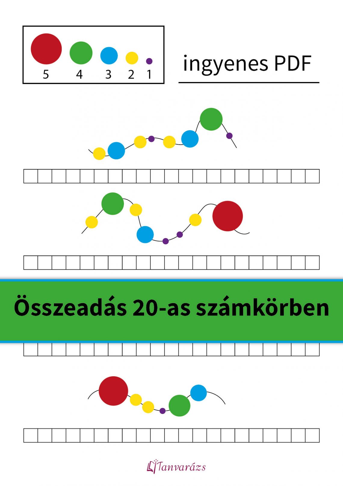 Színes gyöngyökkel illusztrált feladatlap összeadáshoz 20-as számkörben, elsősöknek.
