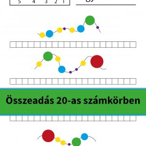 Színes gyöngyökkel illusztrált feladatlap összeadáshoz 20-as számkörben, elsősöknek.