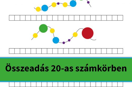 Színes gyöngyökkel illusztrált feladatlap összeadáshoz 20-as számkörben, elsősöknek.