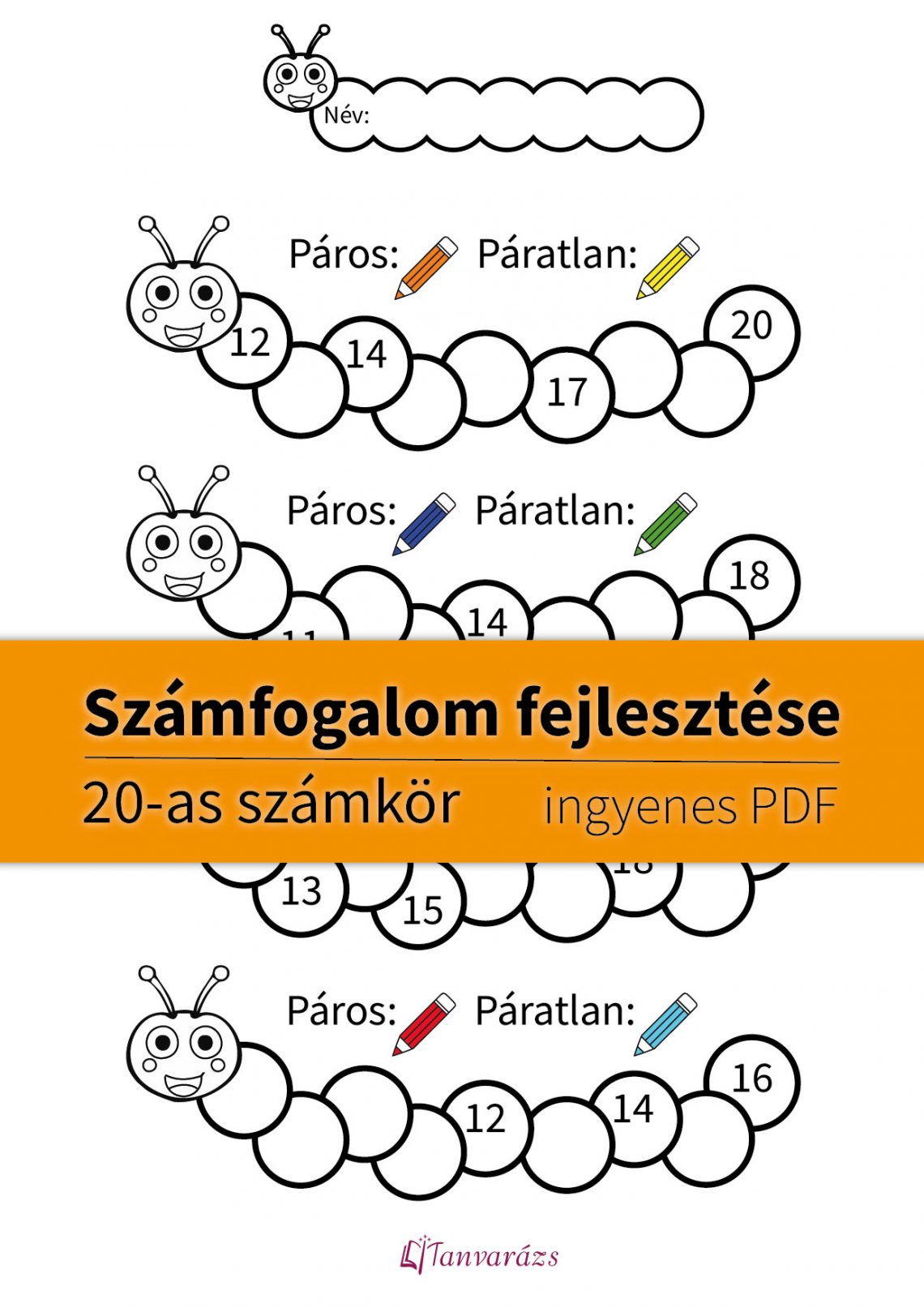 Számfogalom fejlesztése kukacos feladatlap segítségével, hiányzó számokkal és színezős páros-páratlan feladattal.