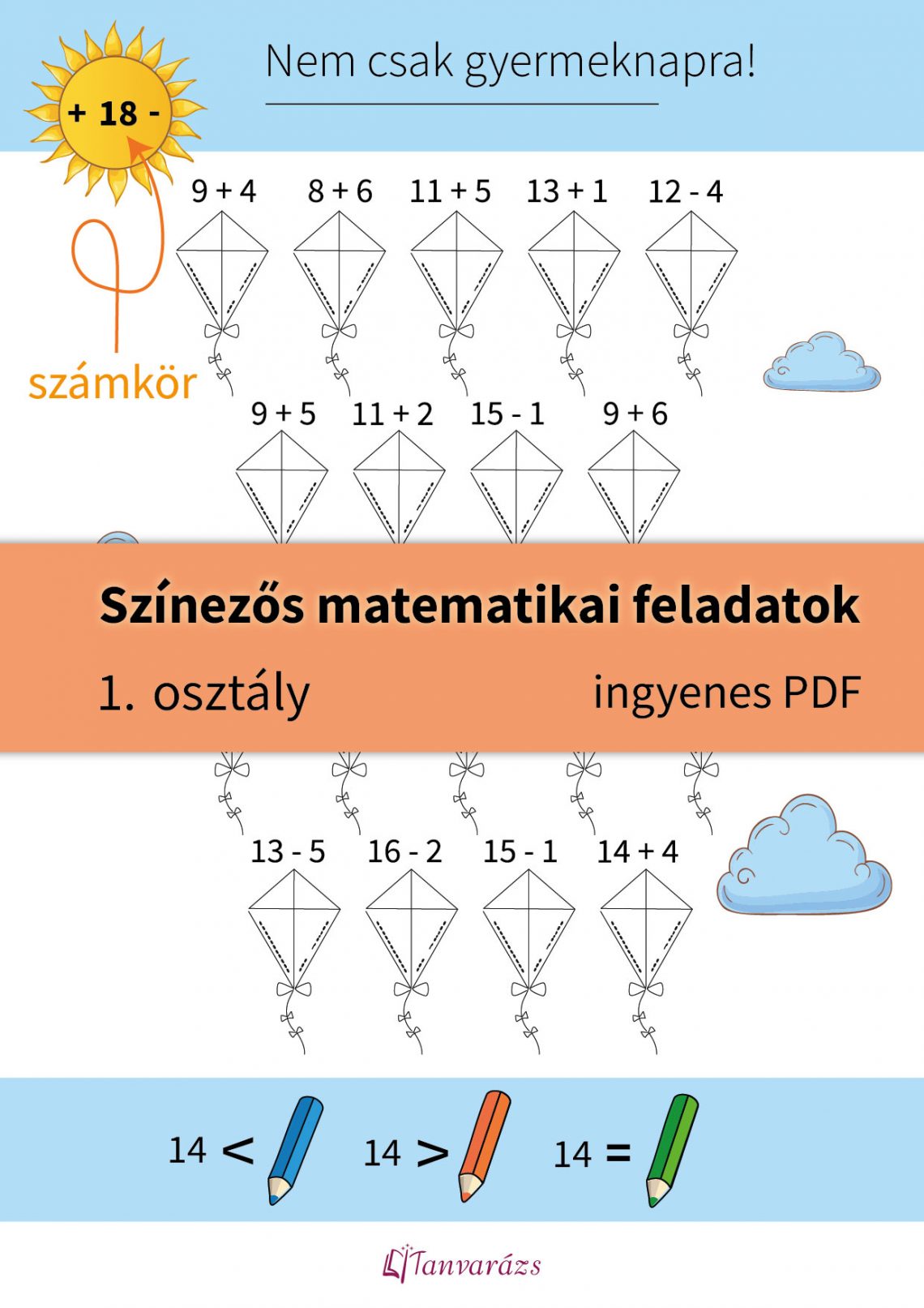 Színezős matematikai feladatok első osztályosoknak – papírsárkányos játékos összeadás és kivonás a 18-as számkörben. A gyerekek a helyes eredmény alapján színezhetik ki a sárkányokat, így élvezetesebbé válik a matematika tanulása.
