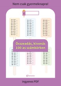 Több összeadás, kivonás 100-as számkörben, gyerekeknek szánt színes jégkrém témájú feladatokkal.