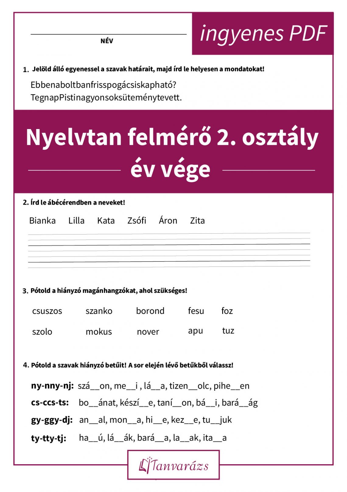 Nyelvtan felmérő 2. osztály – ingyenes letölthető PDF gyakorló feladatokkal
