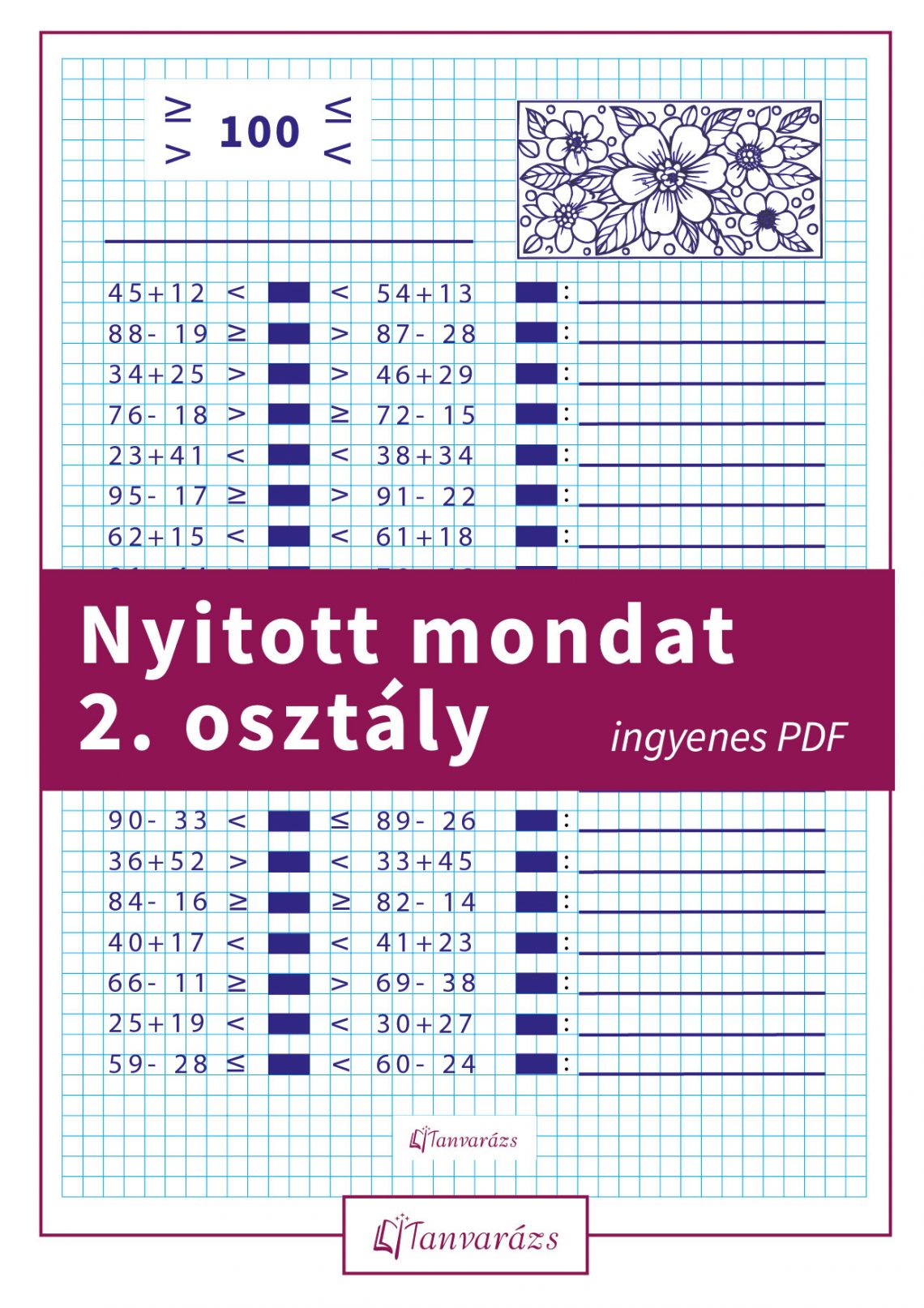 Nyitott mondat 2. osztály feladatlap – ingyenes PDF a 100-as számkörben.