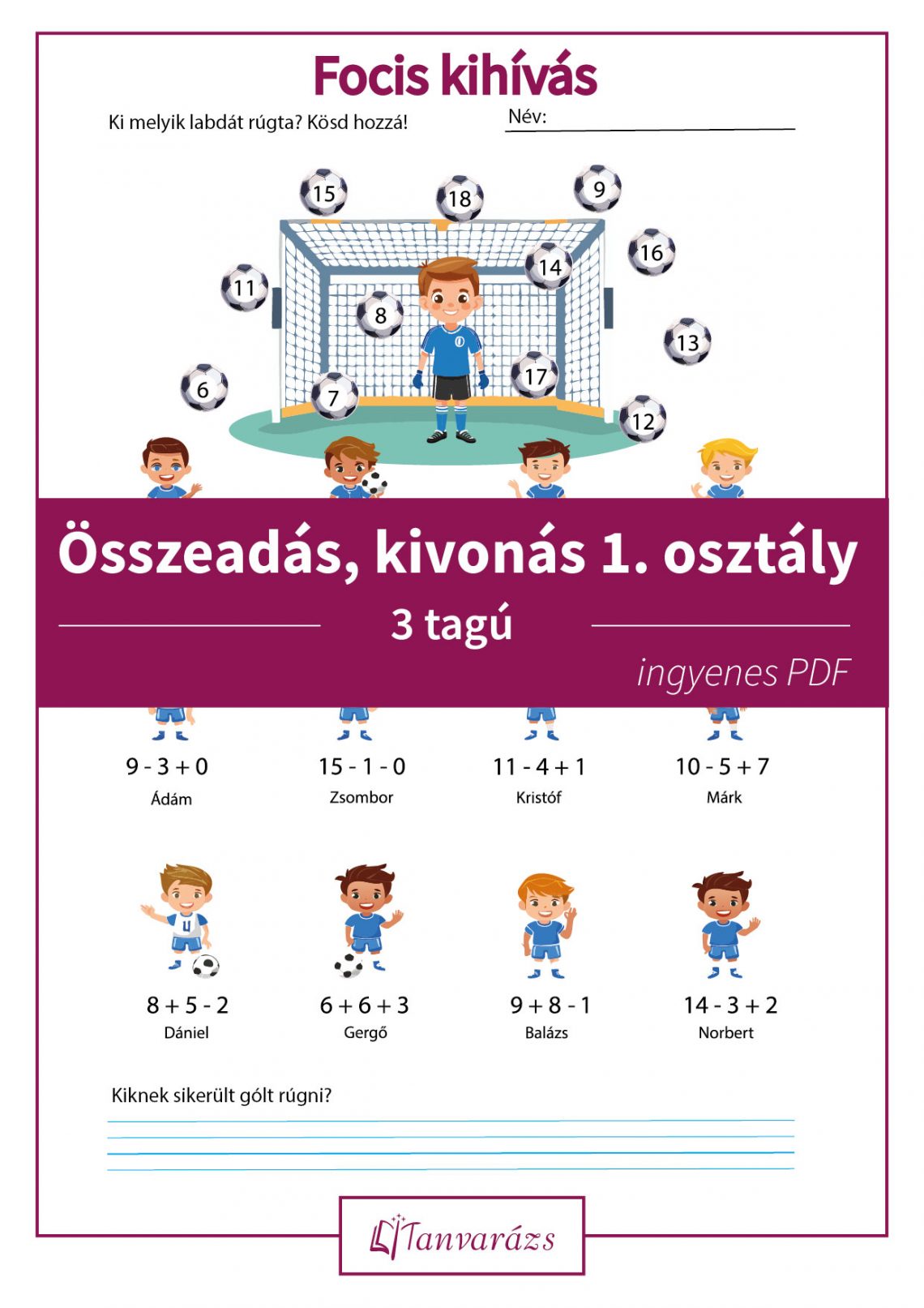 Összeadás, kivonás 1. osztályos gyerekek, focis témájú feladatlap, ahol ki kell számolni ki rúgta a gólt.