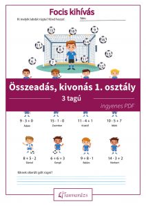 Összeadás, kivonás 1. osztályos gyerekek, focis témájú feladatlap, ahol ki kell számolni ki rúgta a gólt.