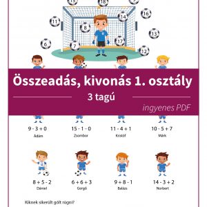 Összeadás, kivonás 1. osztályos gyerekek, focis témájú feladatlap, ahol ki kell számolni ki rúgta a gólt.