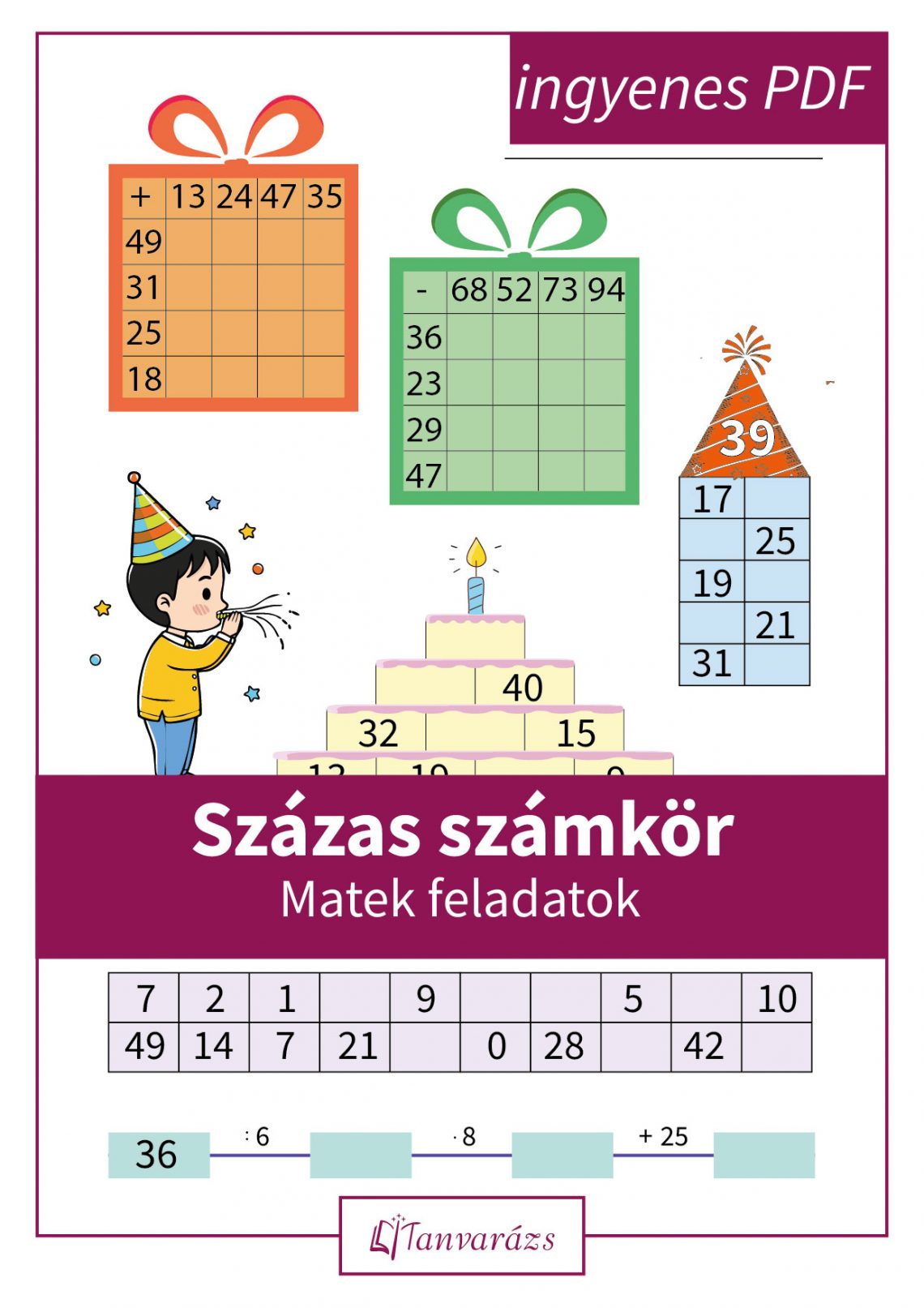 Másodikos matematika feladatlap játékos gyakorláshoz a százas számkörön belül – ingyenesen letölthető PDF
