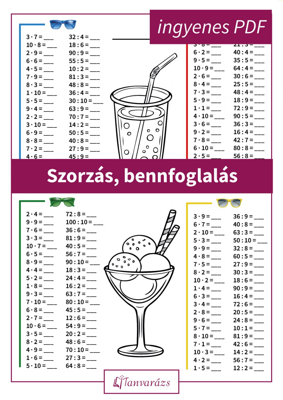 Nyárias színezős feladatlap, amely a szorzás, bennfoglalás gyakorlásában segít másodikosoknak. A feladatok játékos formában segítik a tanulást, és színezhető ábrák is találhatóak, hogy motiválják a gyerekeket. Alkalmas csoportmunkára is.