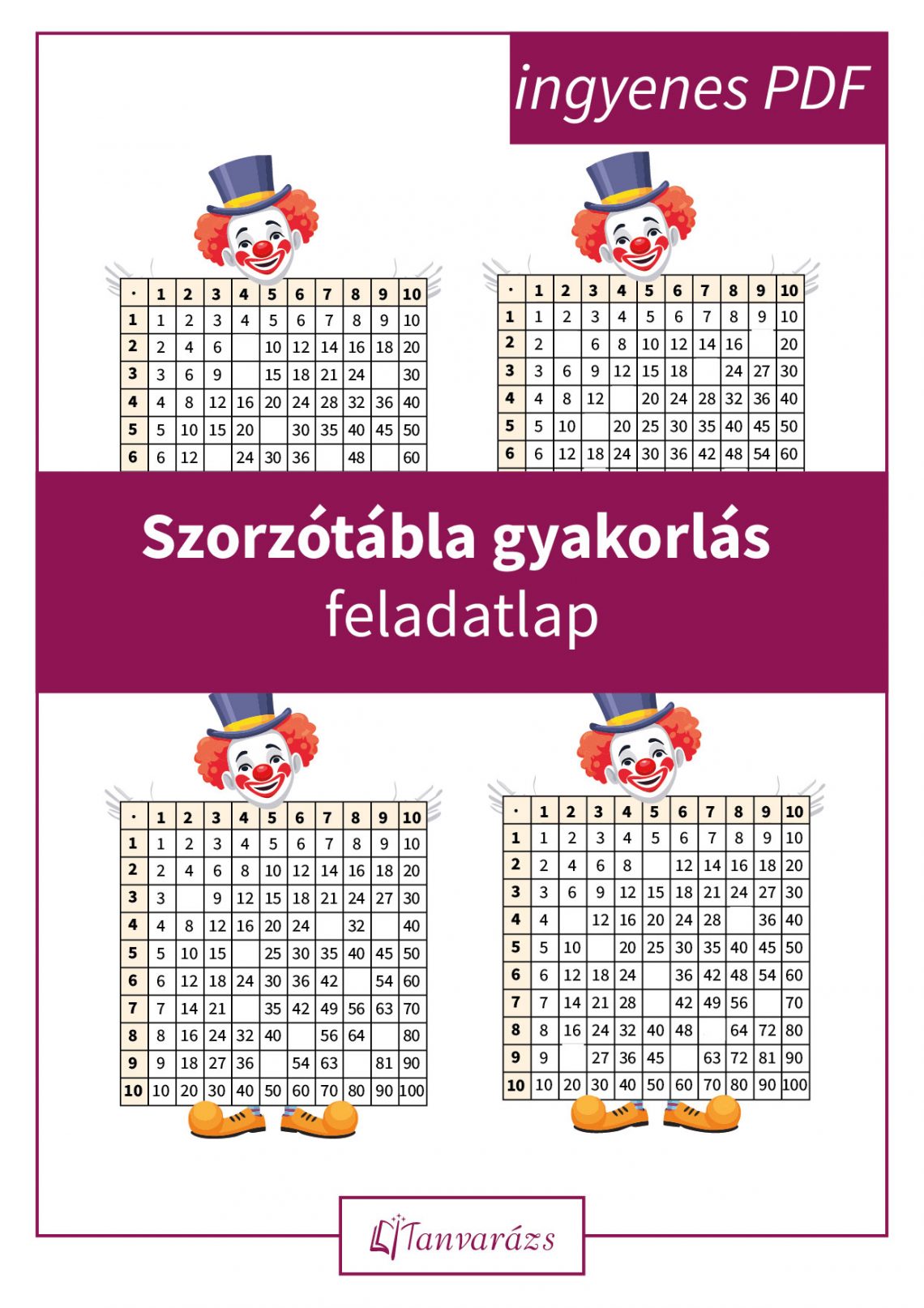Szórakoztató bohócos szorzótábla gyakorlás feladatlap, ahol a gyerekek kitalálják a hiányzó számokat. Segít a szorzótábla gyakorlásában játékos módon.