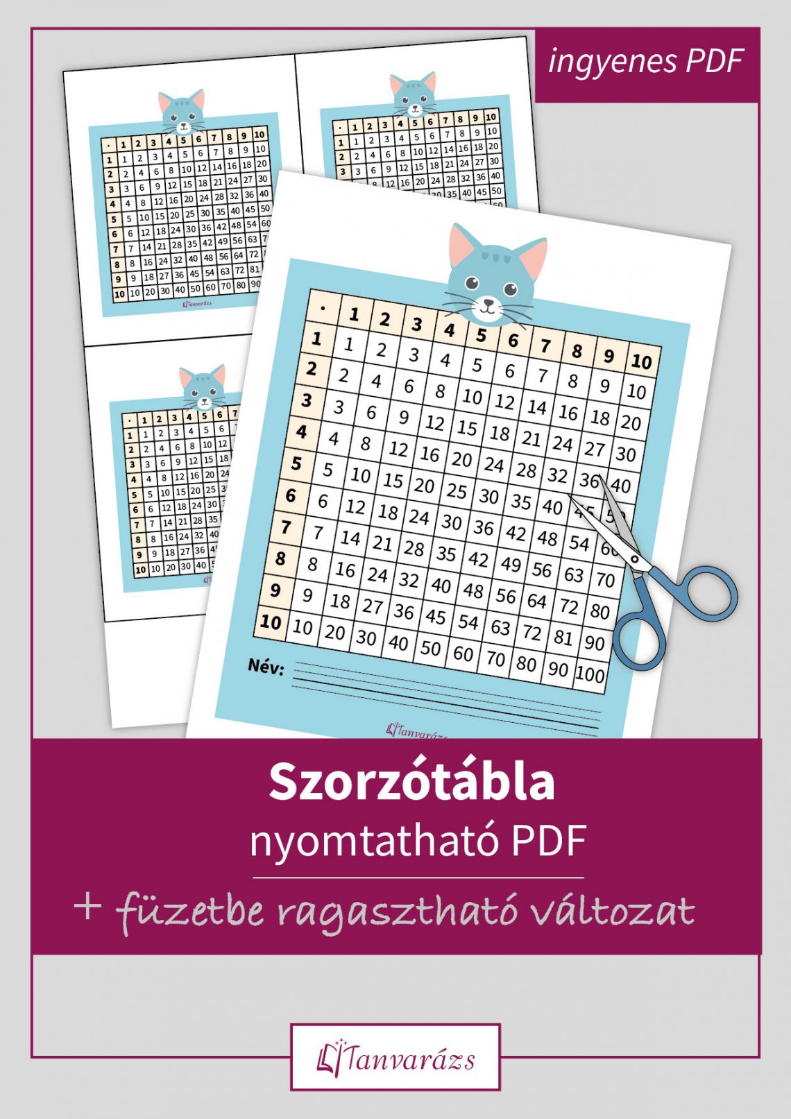 Szorzótábla nyomtatható PDF formátumban, két kivágható változatban, ami segíti a gyerekeket a szorzás gyakorlásában: táblázatos és füzetbe ragasztható verzióban.