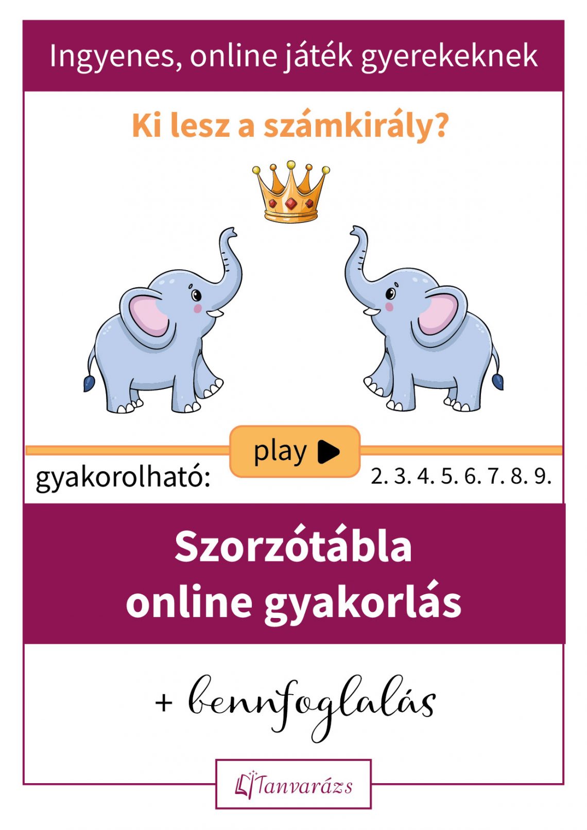 A szorzótábla online gyakorlás segítségével a gyerekek játékosan tanulhatják meg a szorzókat, miközben fejlesztik a koncentrációt és a problémamegoldó képességet. Az interaktív feladatok motiválják a gyerekeket a folyamatos gyakorlásra. A "Ki lesz a számkirály?" játék minden szorzótáblát lefed, így célzottan lehet gyakorolni a gyenge pontokat is.