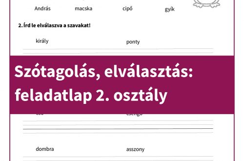Másodikosoknak készült színezhető feladatlap, amely játékosan segít a szótagolás és elválasztás gyakorlásában. Álló egyenessel jelölhető elválasztási pontok, helyesírási döntések pipával vagy x-szel.