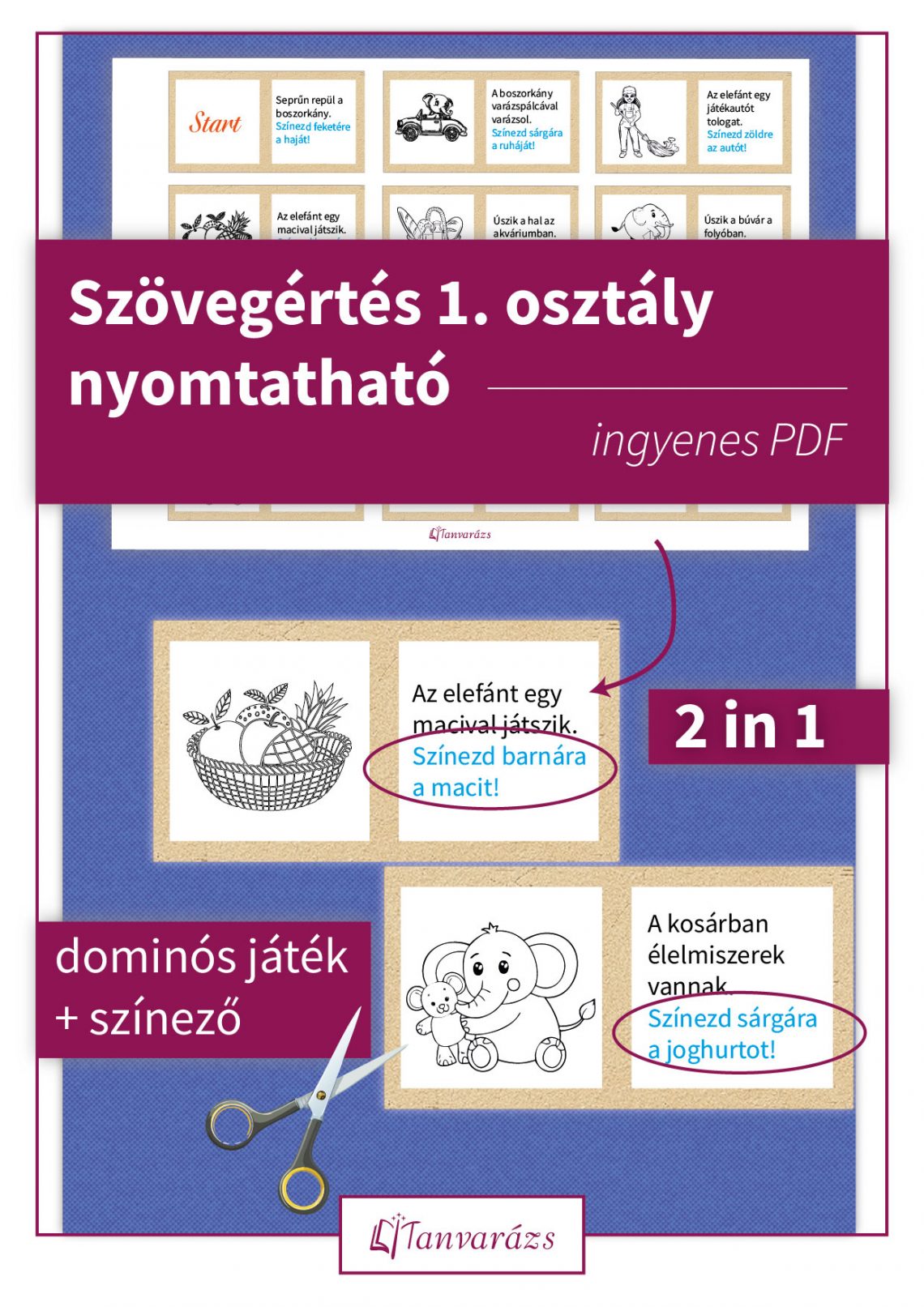 Nyomtatható dominó játék szövegértés fejlesztéséhez 1. osztályosoknak