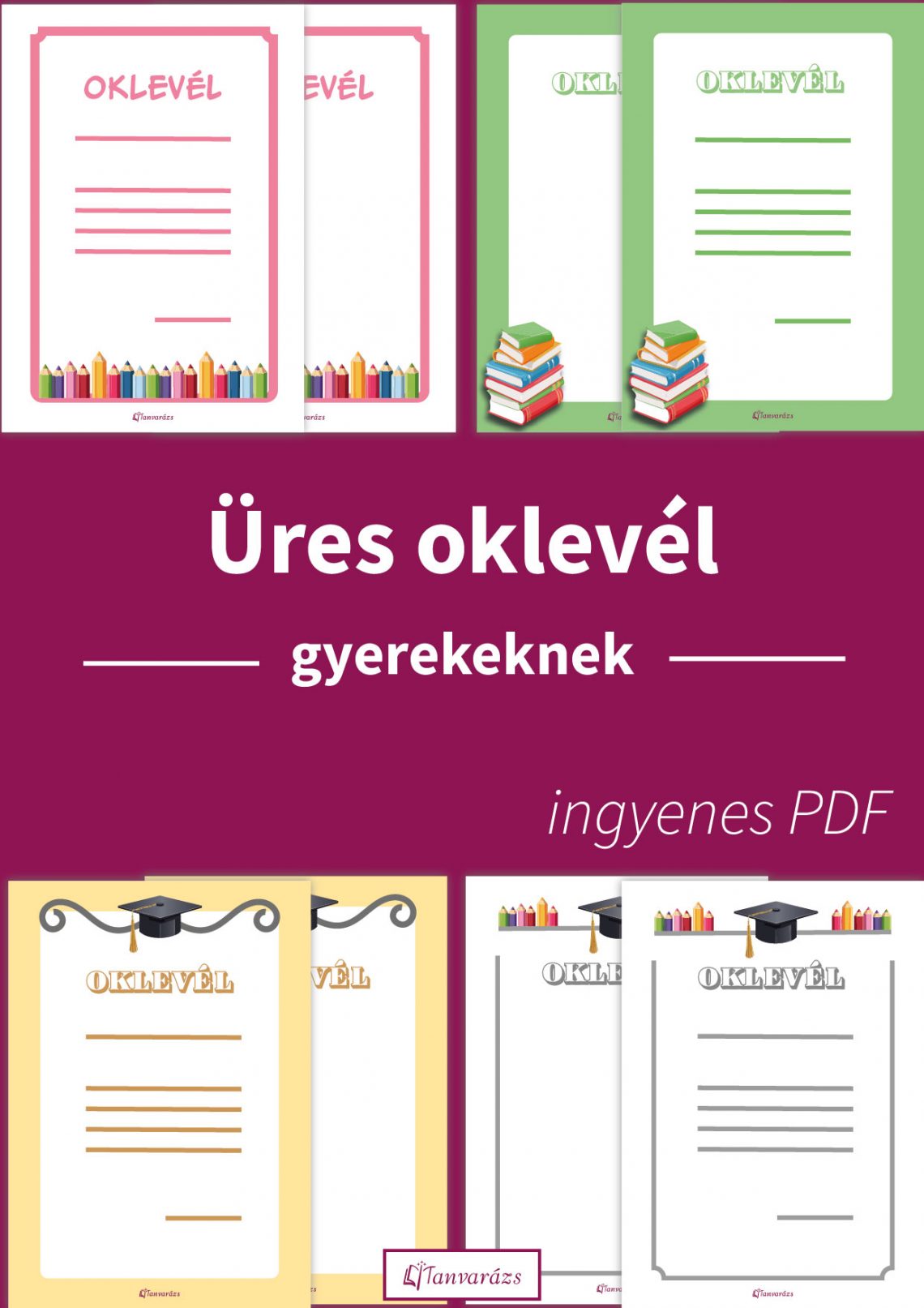 Négy különböző üres oklevél sablon gyerekeknek testreszabható középső résszel.
