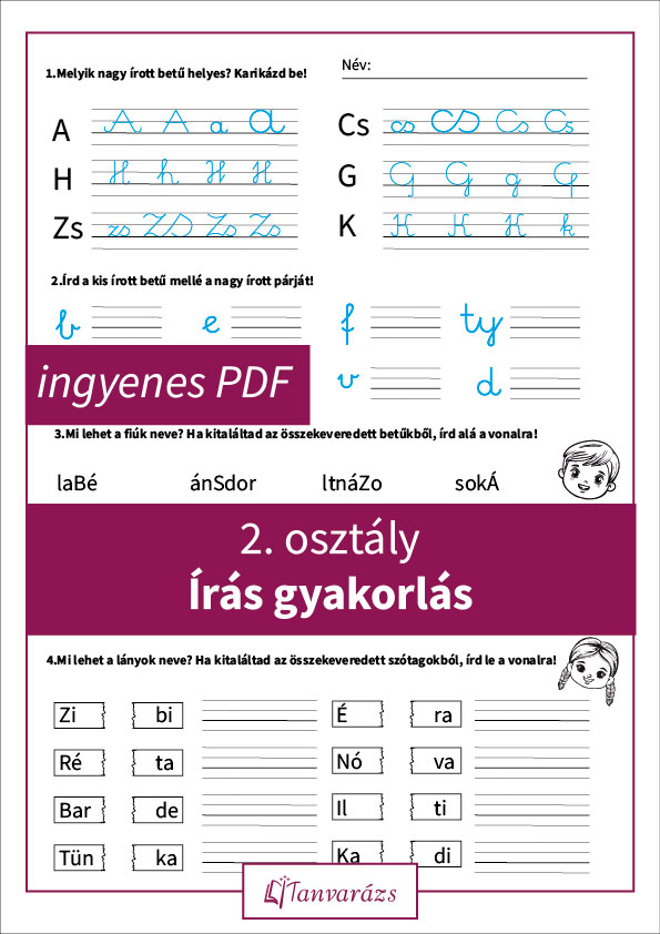 2. osztály írás gyakorlás feladatlap, amely segít a nagy írott betűk írásképének gyakorlásában és a helyes használat elsajátításában.
