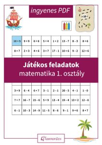 Játékos feladatok matematika 1. osztály: Kalózos matematikai feladatlap első osztályosoknak, ahol az összeadás és kivonás segítségével juttathatják el a hajót a kincses szigetre.