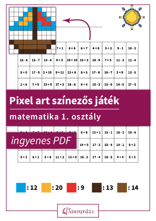 Pixel art színezős játék matematikai feladatokkal 20-as számkörben, hajó képe bontakozik ki a színezés során