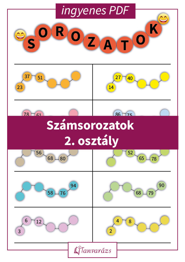 Számsorozatok 2. osztály: A feladatlap színes gyöngyökkel illusztrált, a gyerekek számára könnyen érthető módon, segítve a számsorozatok gyakorlását és felépítését.