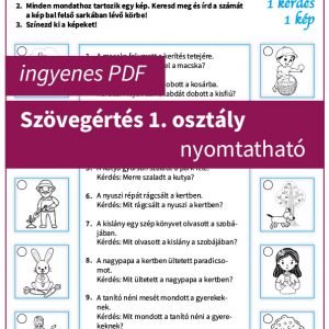 Szövegértés 1. osztály nyomtatható feladatlap, gyerekeknek szórakoztató kérdésekkel és képekkel.