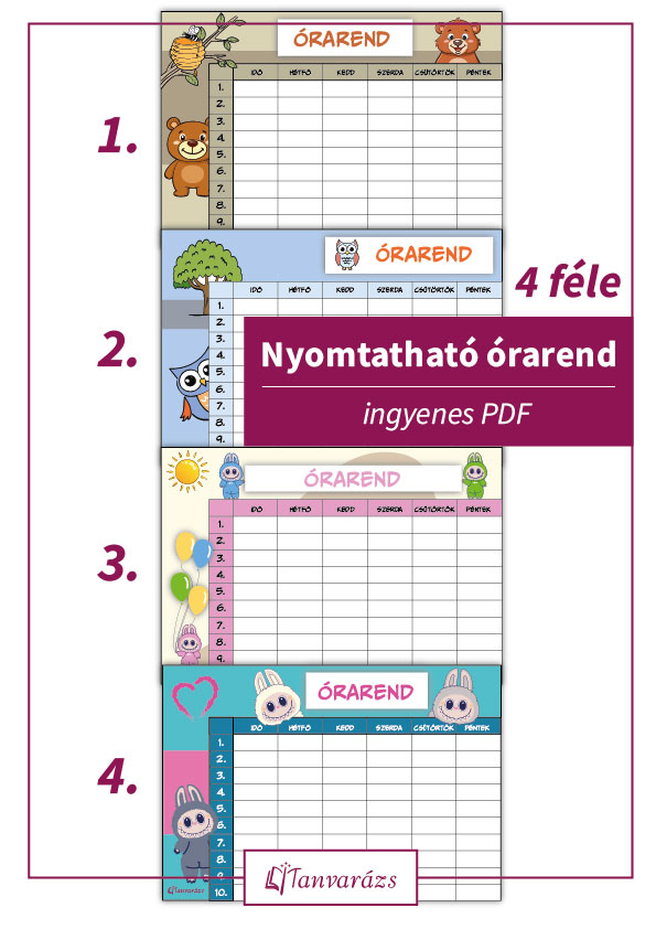 Nyomtatható órarend gyerekeknek színes, vidám figurákkal. Az egyik kis szörny a gyerekek körében most népszerű figura, így még szórakoztatóbb!