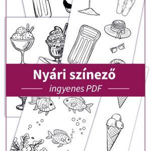 Nyári színező: 5 nyári témájú színezőlap, köztük fagyikehelyek, halacskák, jégkrémek, strandkiegészítők és tölcséres fagyik, hogy a gyerekek szórakozva fejleszthessék kreativitásukat és szókincsüket a szünidőben.