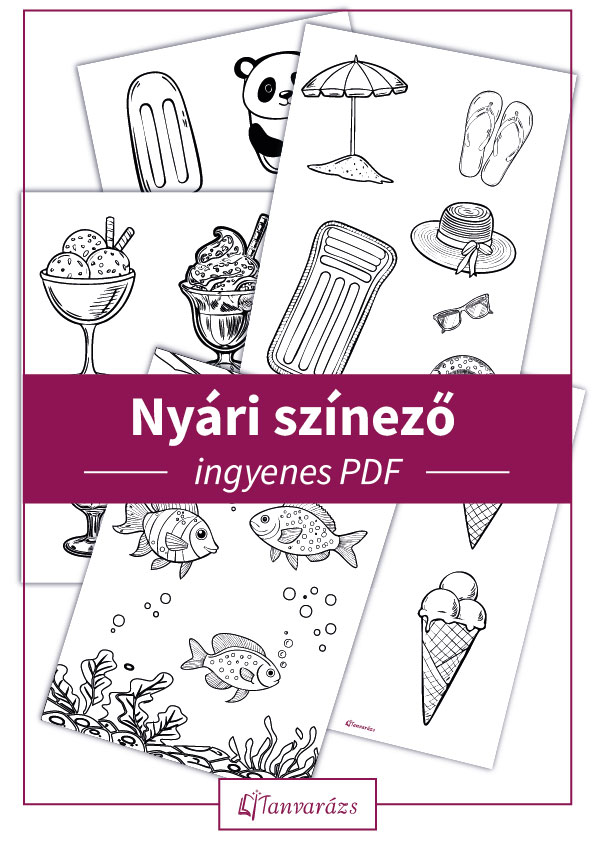 Nyári színező: 5 nyári témájú színezőlap, köztük fagyikehelyek, halacskák, jégkrémek, strandkiegészítők és tölcséres fagyik, hogy a gyerekek szórakozva fejleszthessék kreativitásukat és szókincsüket a szünidőben.
