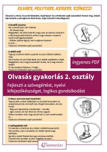 Olvasás gyakorlás 2. osztály: vidám olvasás gyakorló feladatlap másodikos gyerekeknek, öt rövid történettel és színezhető képekkel.