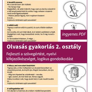 Olvasás gyakorlás 2. osztály: vidám olvasás gyakorló feladatlap másodikos gyerekeknek, öt rövid történettel és színezhető képekkel.