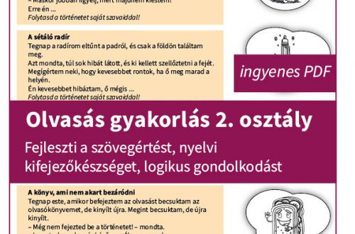 Olvasás gyakorlás 2. osztály: vidám olvasás gyakorló feladatlap másodikos gyerekeknek, öt rövid történettel és színezhető képekkel.
