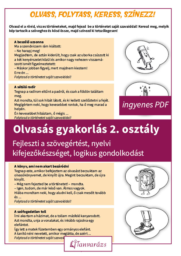 Olvasás gyakorlás 2. osztály: vidám olvasás gyakorló feladatlap másodikos gyerekeknek, öt rövid történettel és színezhető képekkel.