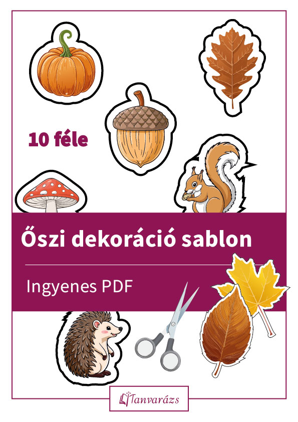 Őszi dekoráció sablon tantermekhez és gyerekszobákhoz, letölthető, nyomtatható őszi falevelekkel és vidám őszi figurákkal.