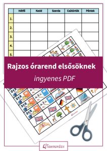 Rajzos órarend 1. osztály színes kivágható tantárgyakkal, segítve a gyerekeket a napirend megértésében és a tanulási rutin kialakításában.