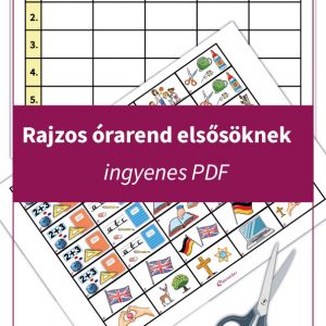 Rajzos órarend 1. osztály színes kivágható tantárgyakkal, segítve a gyerekeket a napirend megértésében és a tanulási rutin kialakításában.