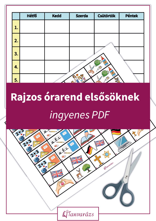 Rajzos órarend 1. osztály színes kivágható tantárgyakkal, segítve a gyerekeket a napirend megértésében és a tanulási rutin kialakításában.