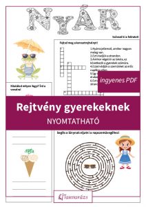 Rejtvény gyerekeknek nyomtatható nyári témájú feladatlap: fagyis játék, keresztrejtvény, labirintus és színező egy ingyen letölthető PDF-ben.