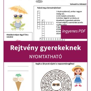 Rejtvény gyerekeknek nyomtatható nyári témájú feladatlap: fagyis játék, keresztrejtvény, labirintus és színező egy ingyen letölthető PDF-ben.
