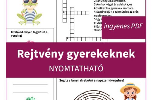 Rejtvény gyerekeknek nyomtatható nyári témájú feladatlap: fagyis játék, keresztrejtvény, labirintus és színező egy ingyen letölthető PDF-ben.