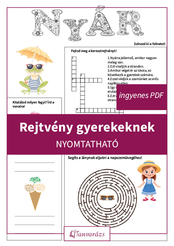 Rejtvény gyerekeknek nyomtatható nyári témájú feladatlap: fagyis játék, keresztrejtvény, labirintus és színező egy ingyen letölthető PDF-ben.