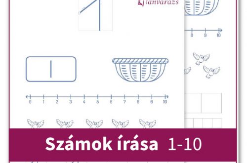 Számok írása 1-10: Színezhető feladatlapok, ahol a gyerekek a számok írását gyakorolják 1-10-ig, játékos feladatokkal és szórakoztató ábrákkal.